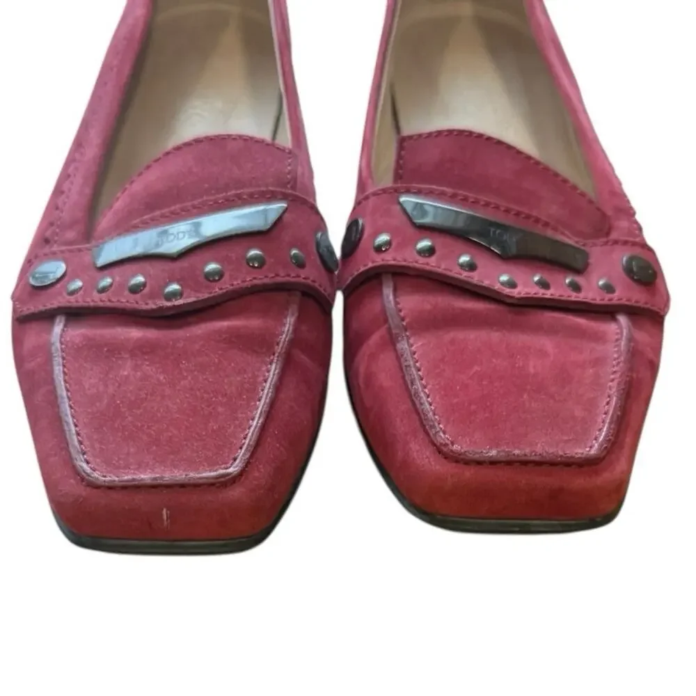 Tod’s Red Suede Studded Heel Accent Flats - 39.5